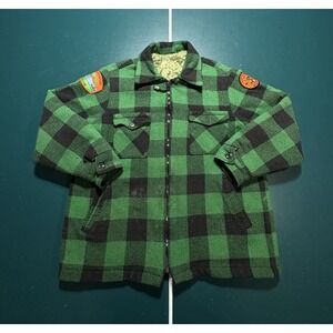 Vtg 70s Woolrich Mackinaw Jacket Green Buffalo Plaid North Maine Woods Patch L